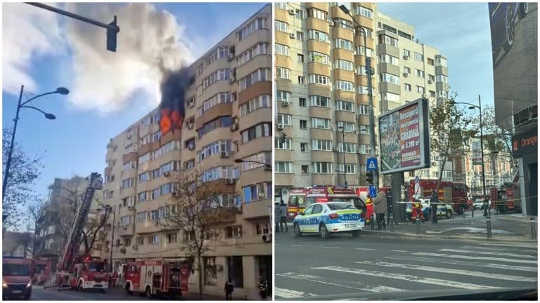 VIDEO. Incendiu violent la un bloc de pe Calea Dorobanți. 27 de locatari au fost evacuați, doi au ajuns la spital