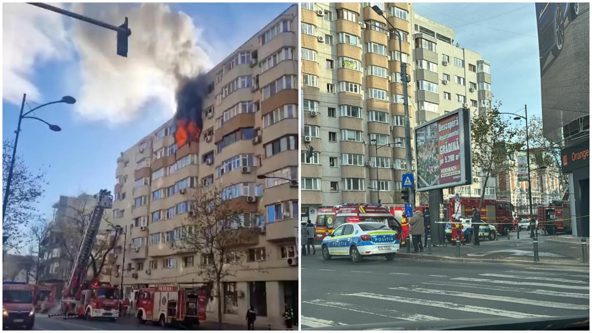VIDEO. Incendiu violent la un bloc de pe Calea Dorobanți. 27 de locatari au fost evacuați, doi au ajuns la spital