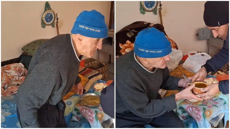 Reacția emoționantă a lui Nea Vasile, un bătrânel de 80 de ani a cărei casă a fost distrusă într-un incendiu, atunci când primește o masă caldă
