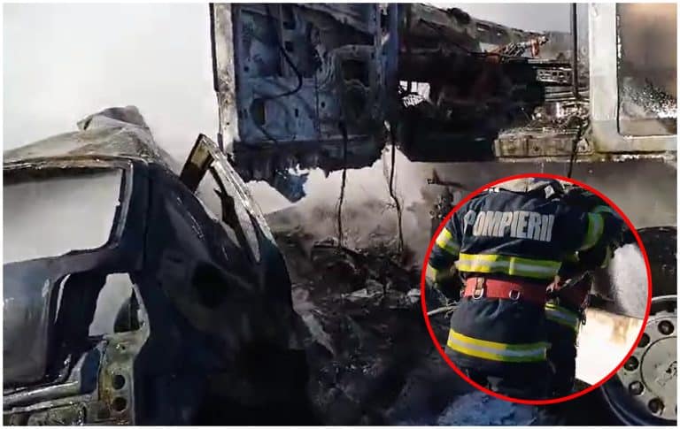 Ciocnire violentă între un TIR și un autoturism la Galați. Doi tineri au murit carbonizați