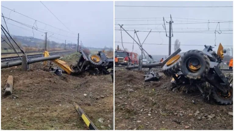 Accident feroviar în Bacău. Excavator făcut praf, șoferul și-a pierdut viața