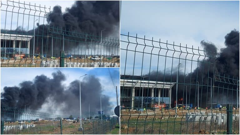 Incendiu puternic la noul terminal al Aeroprtului din Craiova. Flăcările au pornit dintr-o hală. Video