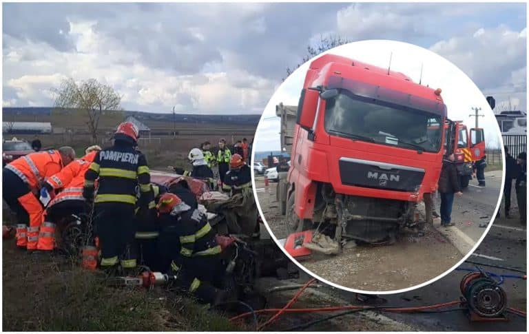 Accident cumplit în Pașcani. Un autoturism s-a făcut praf după ce s-a izbit de un TIR, două persoane au murit