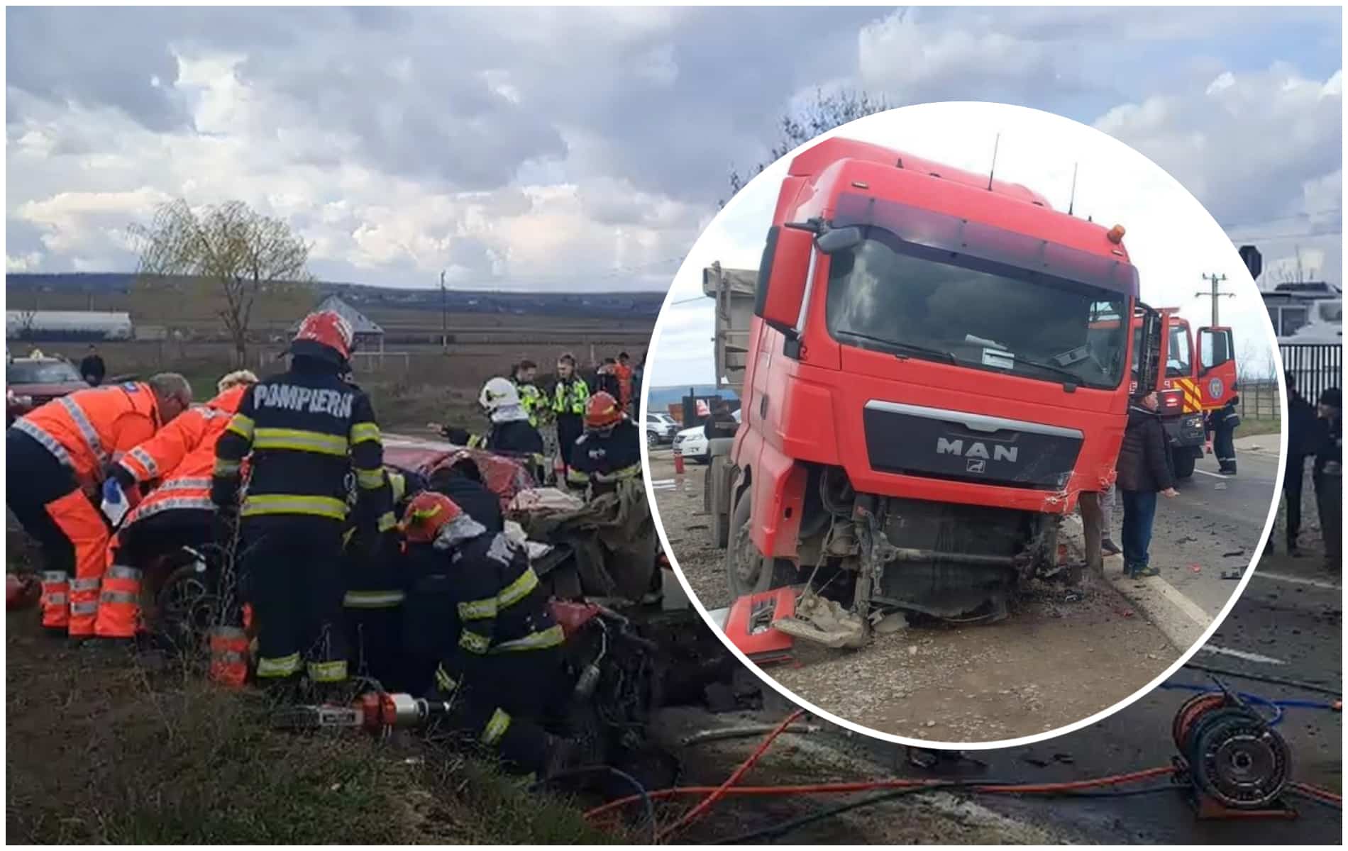 Accident cumplit în Pașcani. Un autoturism s-a făcut praf după ce s-a izbit de un TIR, două persoane au murit