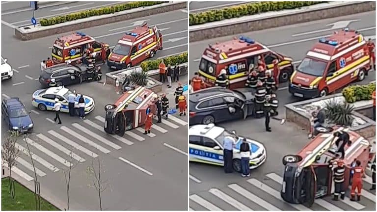 Accident grav în Sectorul 5 din Capitală. O ambulanță cu pacient s-a ciocnit cu o mașină și s-a răsturnat