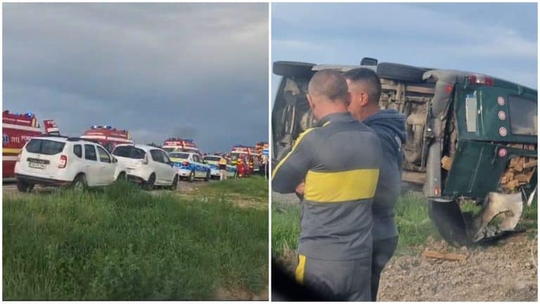 Cinci răniți într-un accident, în Dâmbovița. O autoutilitară s-a răsturnat