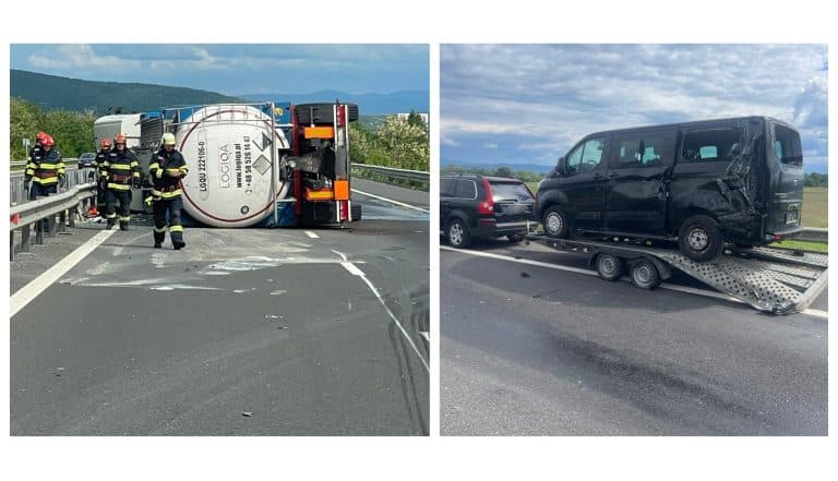 O cisternă încărcată cu oţet a provocat haos pe A1. S-a răsturnat şi a implicat în accident şi o platformă cu un microbuz
