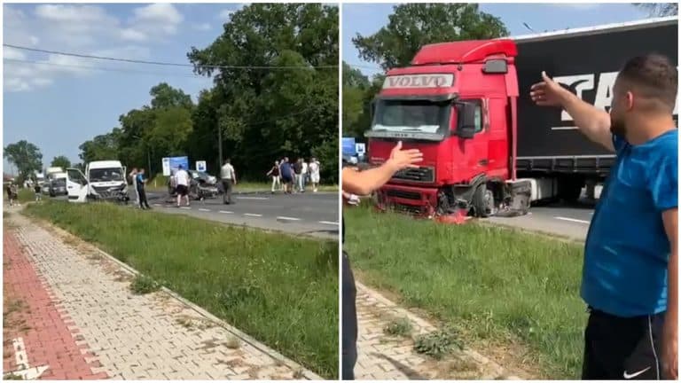 Accident grav cu trei răniți, în Timiș. Două microbuze, un TIR și o mașină au fost implicate