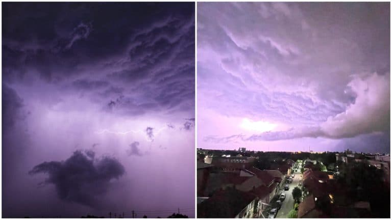 Orașul din România unde s-a produs o furtună cu fulgere roz. Imaginile surprinse de locuitori